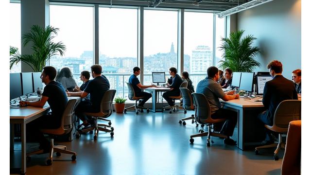 Vue d'un open space moderne et lumineux avec des écrans d'ordinateur et quelques plantes, symbolisant la culture de travail collaborative de Le Grand Vol.