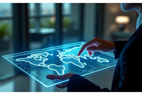 Interface utilisateur futuriste affichant un itinéraire de voyage optimisé par l'IA sur une tablette, avec des points lumineux connectés sur une carte du monde.