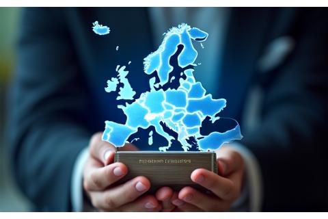 Main tenant un trophée brillant avec le logo de 'Le Grand Vol' devant une carte de l'Europe illuminée, symbolisant la récompense et l'expansion.