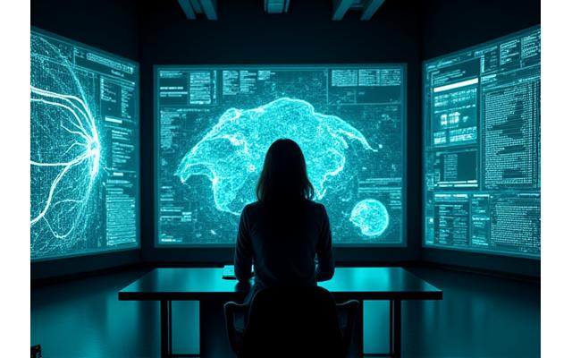 Chercheur travaillant sur un algorithme d'IA de voyage sur un écran futuriste, représentant la R&D de Le Grand Vol.