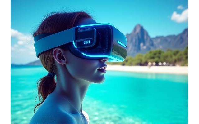 Personne portant un casque de réalité virtuelle, explorant une destination exotique, symbolisant nos expériences immersives.