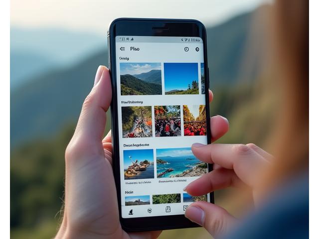 Écran de smartphone affichant un flux d'actualités avec des photos de voyage, des récits et des commentaires de la communauté