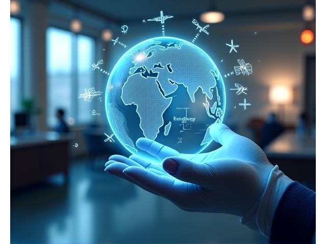 Préparation de voyage par VR - Une main utilisant des contrôleurs VR pour manipuler un globe terrestre holographique, avec des icônes d'avion et de repères touristiques flottant autour.