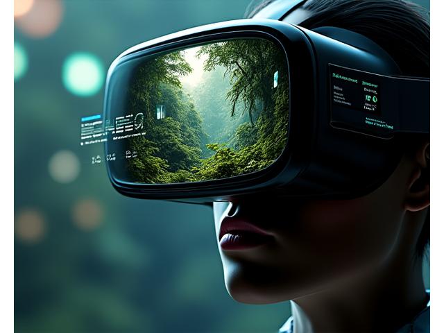 Technologie VR de Le Grand Vol - un casque VR futuriste affichant une scène de forêt luxuriante, hologrammes d'interfaces utilisateur flottant autour