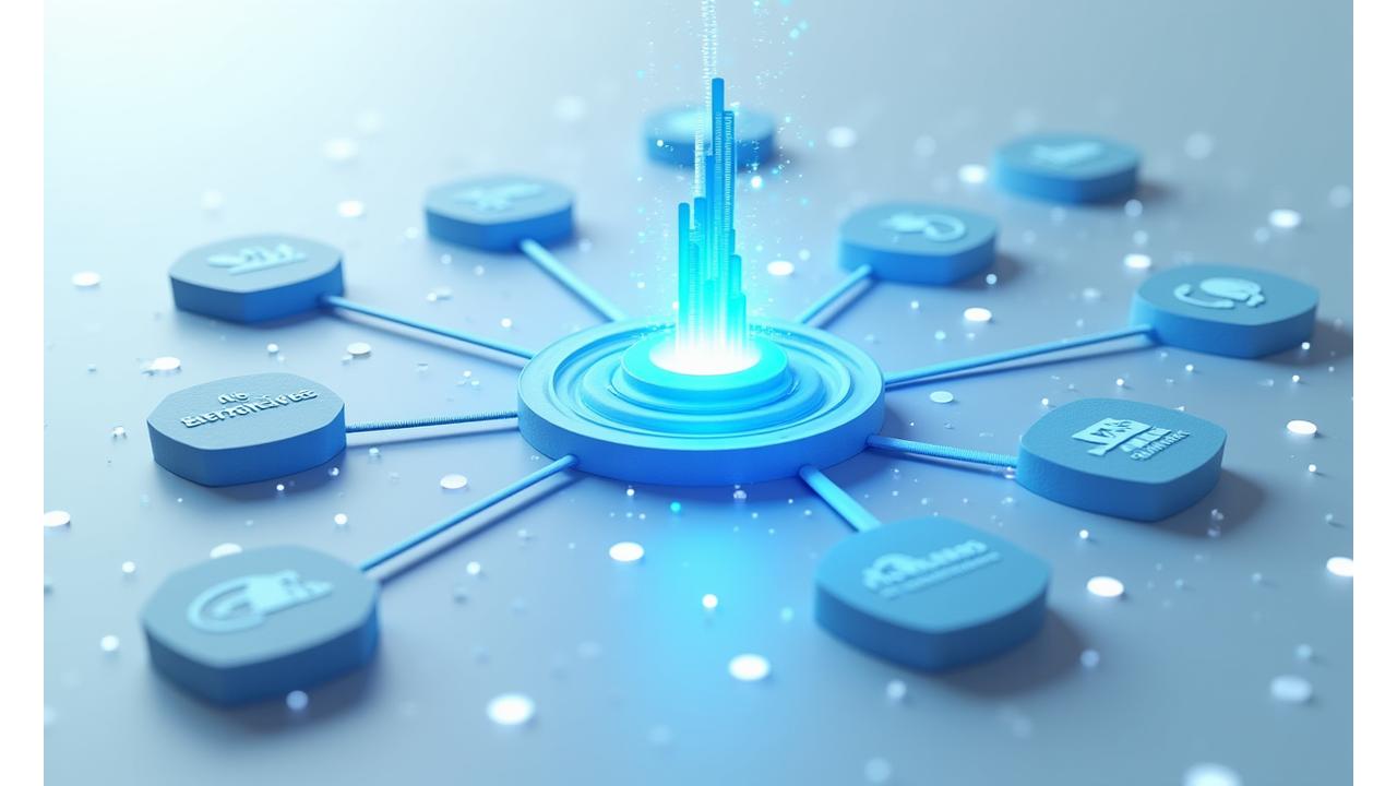 Schéma visuel de l'écosystème d'intégration des systèmes, montrant Le Grand Vol connecté à divers logiciels d'entreprise comme SAP, Oracle, et QuickBooks.