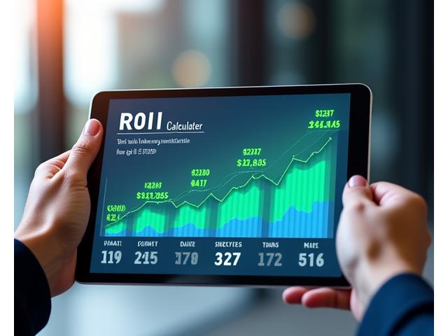Illustration d'un calculateur de ROI interactif montrant des graphiques financiers positifs et des projections d'économies pour une entreprise.