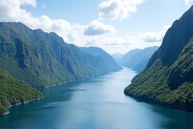 Un fjord en Norvège sous le soleil d'été, avec des montagnes vertes et des eaux bleues profondes.