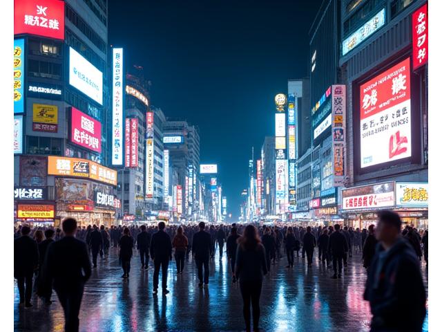 Intersection de Shibuya à Tokyo la nuit, pleine de néons et de passants.