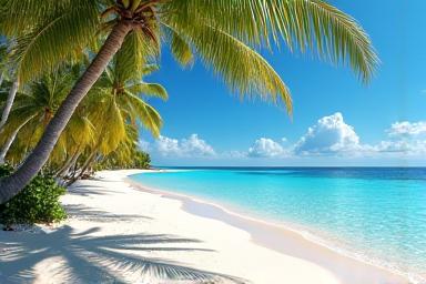 Plage de sable blanc et cocotiers sous un soleil éclatant dans une destination tropicale en hiver.