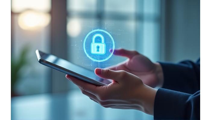 Mains tenant un écran avec icône de données sécurisées, illustrant la collecte responsable.