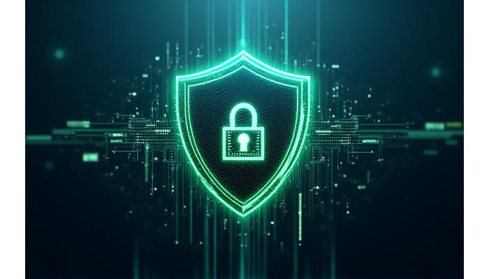 Un bouclier numérique avec des verrous et des symboles de chiffrement, représentant une protection robuste des données.