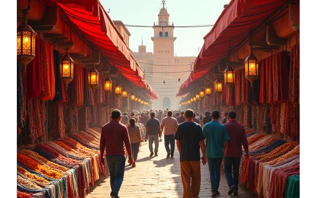 Marché animé de Marrakech, Maroc, avec des couleurs vives et une architecture traditionnelle.