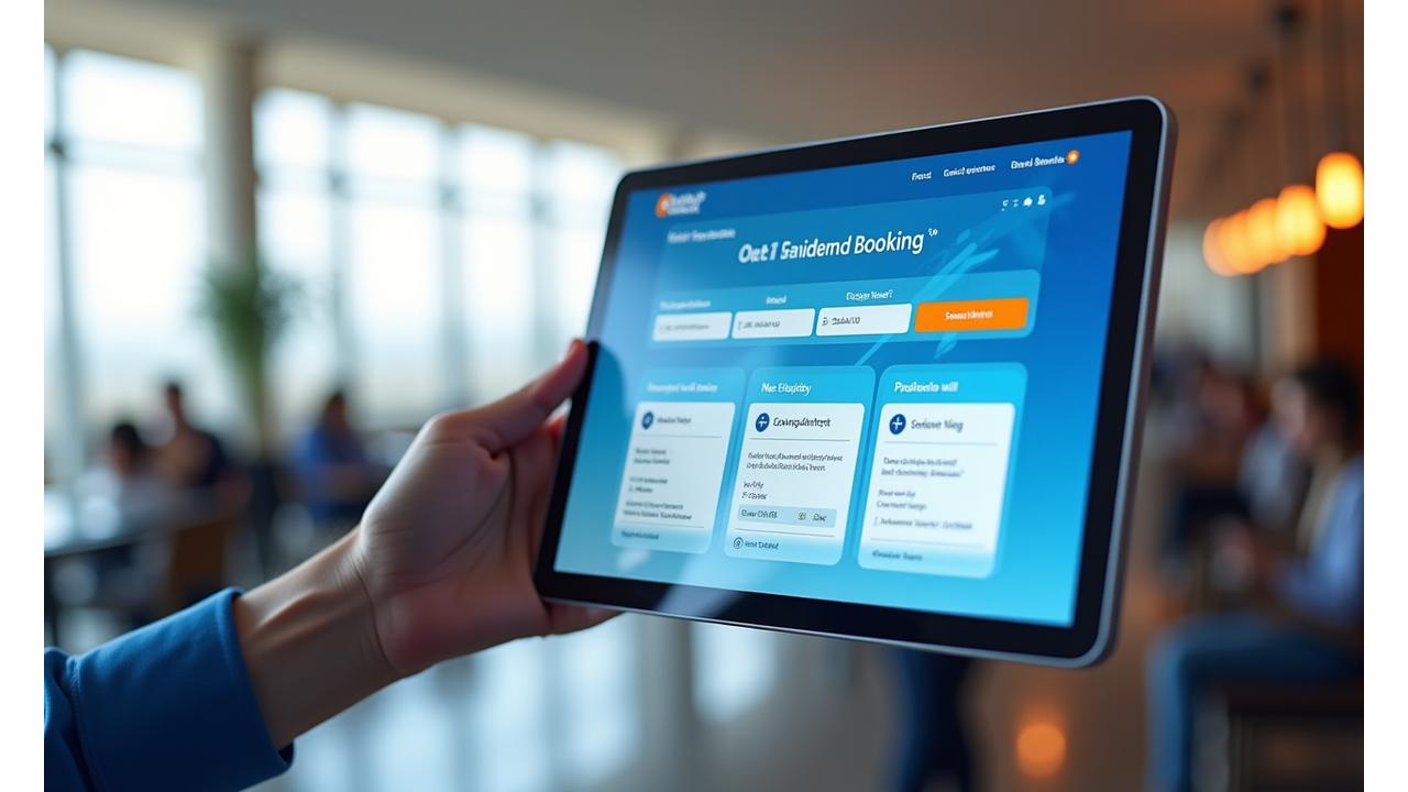 Interface de réservation intuitive de Le Grand Vol affichant des options de vol et d'hôtel sur un écran lumineux.