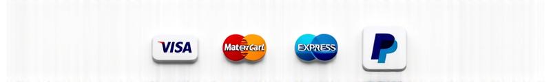 Logos des principales méthodes de paiement acceptées : Visa, Mastercard, American Express, PayPal.