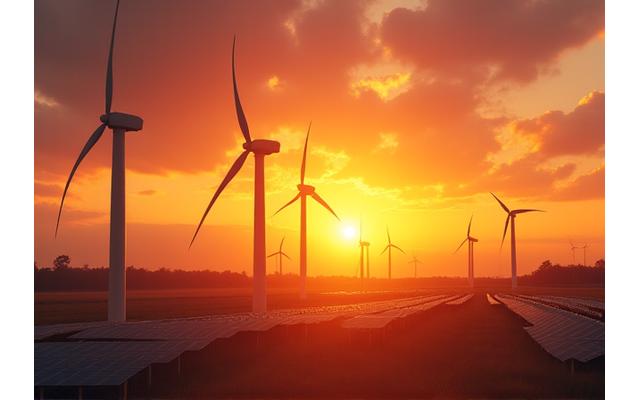 Champ d'éoliennes avec des panneaux solaires au coucher du soleil