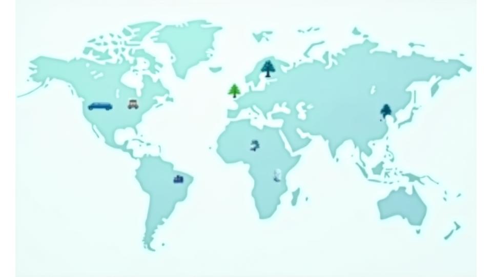 Carte stylisée d'un réseau mondial de partenaires avec des icônes représentant des hôtels, des transports et des activités