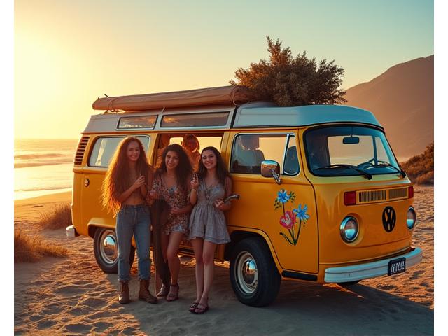 Photo d'une voiture vintage des années 60 avec des personnes en tenues hippies, symbolisant le mouvement Peace & Love.