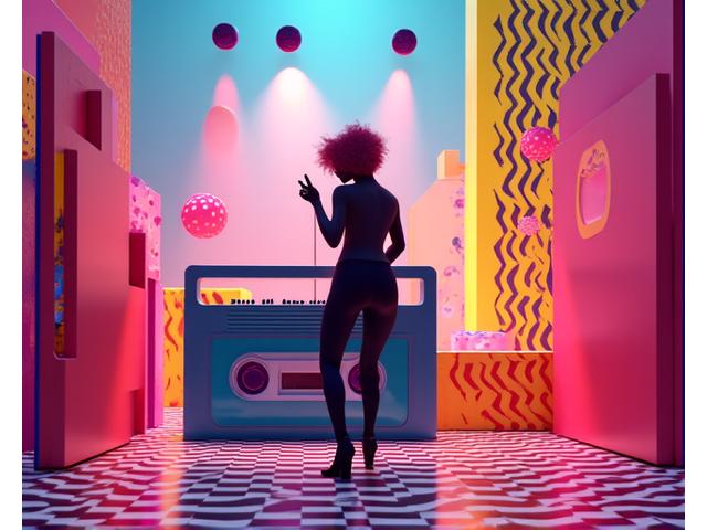 Illustration aux couleurs vives évoquant le style Memphis et la New Wave des années 80.