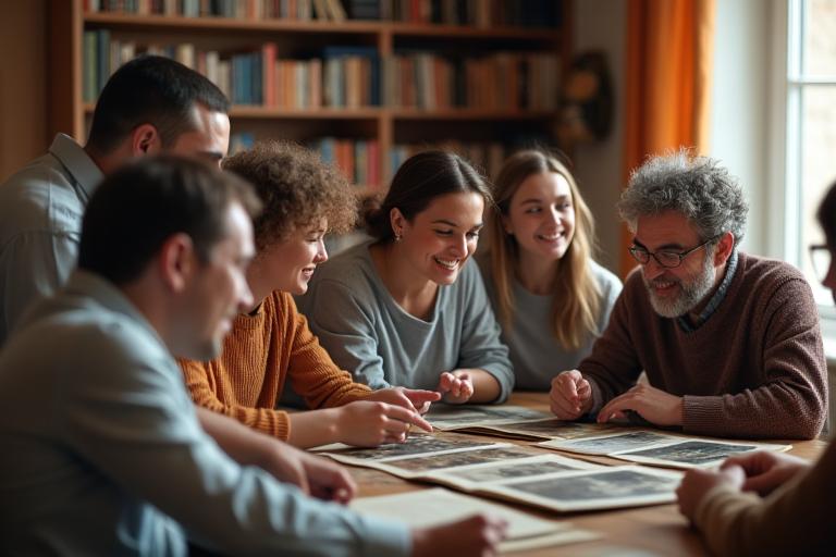 Un groupe de personnes de différents âges discutant et souriant autour de vieux journaux et objets vintage, symbolisant une communauté passionnée d'histoire.
