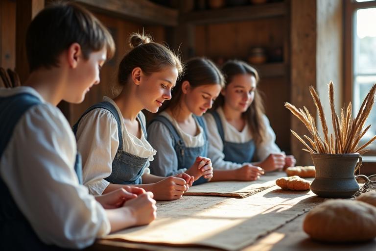 Groupe de personnes vêtues de costumes d'époque, participant à un atelier artisanal historique dans un cadre authentique.