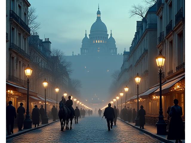 Vue emblématique de Montmartre avec le Sacré-Cœur, ambiance Belle Époque parisienne.